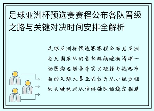 足球亚洲杯预选赛赛程公布各队晋级之路与关键对决时间安排全解析 足球亚洲杯预选赛赛程公布各队晋级之路与关键对决时间安排全解析